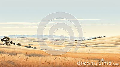 Serene Arcadian Landscapes: A Hyper-realistic Illustration Of Empty Prairies Cartoon Illustration