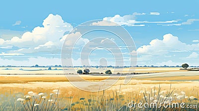 Serene Beauty Of Northern Europe's Prairie Landscape Cartoon Illustration