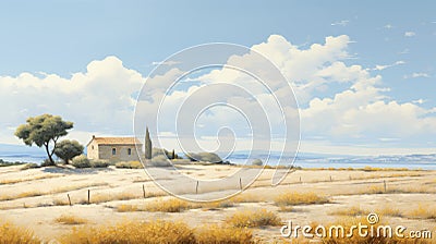 Deserted Landscape: Amber And Sky-blue Mediterranean Barn Scenery Cartoon Illustration