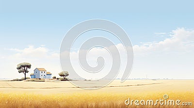 Anime Aesthetic Wheat Field Landscape In Neo-geo Minimalism Style Cartoon Illustration