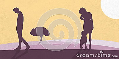 An illustration showing a family that is separating. A father goes sadly away from mother and child. Cartoon Illustration