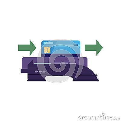 Illustration showing how to pay by plastic card through POS-terminal. Modern banking technologies. Flat vector icon Vector Illustration