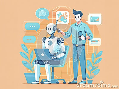 An illustration showing the work of people with artificial intelligence. Using AI technologies in work, communication, learning Cartoon Illustration