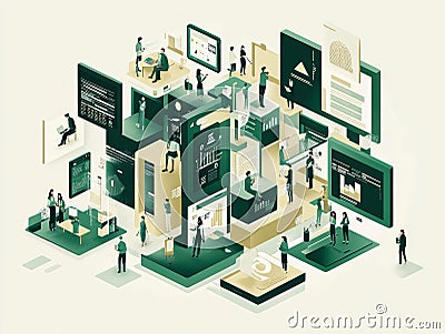 An illustration shows a complex network system, central processing unit or server CPUserver, smaller connected cubes Cartoon Illustration
