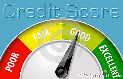 This illustration shows a credit score using a credit score meter. Cartoon Illustration