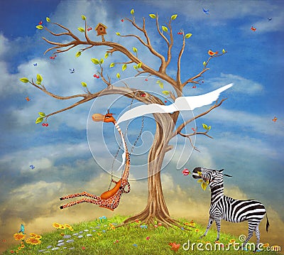 Illustration shows romantic relations between a giraffe and Cartoon Illustration