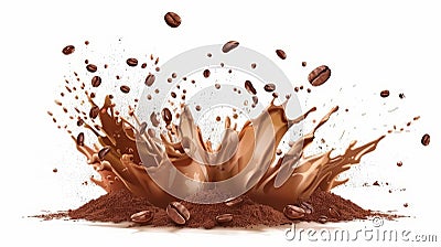 Illustration of shredded ground coffee, arabica grain with splashes of brown dust and explosion of coffee beans on white Stock Photo