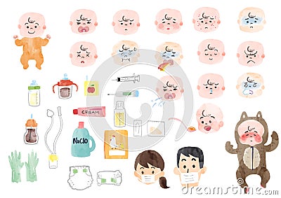 Illustration of a sick baby and baby supplies Vector Illustration