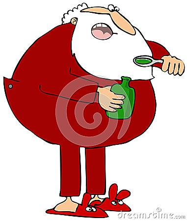 Sick Santa taking a spoonful of cough syrup Stock Photo