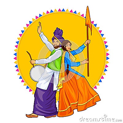 Sikh Punjabi Sardar couple playing dhol and dancing bhangra on holiday like Lohri or Vaisakhi Vector Illustration