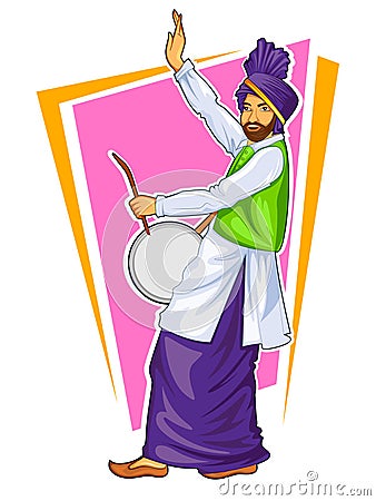 Sikh Punjabi Sardar playing dhol and dancing bhangra on holiday like Lohri or Vaisakhi Vector Illustration