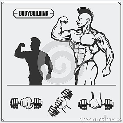 Illustration and silhouette of bodybuilder. Fitness emblem and design elements. Vector Illustration