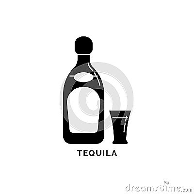 Illustration with silhouette bottle and glass tequila. Isolated object. Strong beverage label. White background. Design concept Vector Illustration