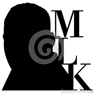 A silhouette of Dr. Martin Luther King, Jr., on a white background along with the text MLK Cartoon Illustration