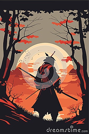 Silhouette of Japanese samurai warrior with sword standing on sunset art print Vector Illustration