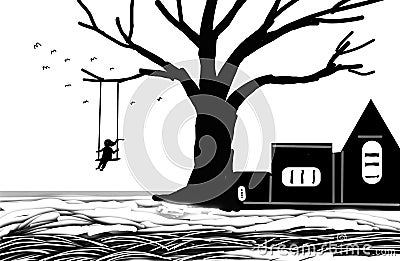 illustration Of Silhouette Landscapes, Tree, House, River And Baby Girl Swing. Stock Photo