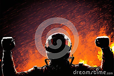 Illustration of silhouette of racing driver celebrating a victory with hands up and fist closed Warm background. Stock Photo