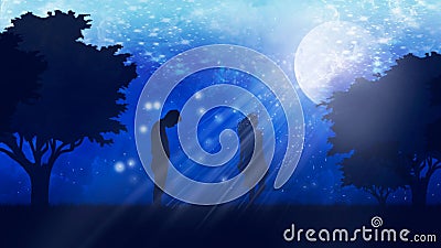 Illustration with silhouettes of people and nature, against the background of a night starry blue sky and a bright moon Stock Photo