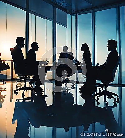 Illustration of silhouettes of successful business people working on meeting. Cartoon Illustration