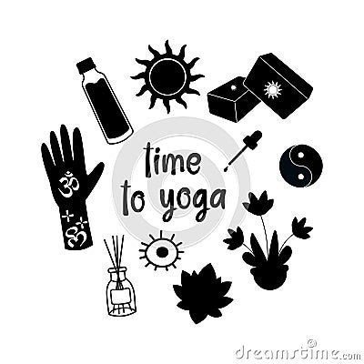 Illustration of silhouettes of yoga elements Vector Illustration