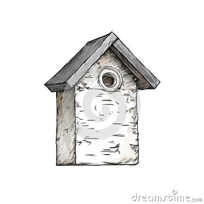 Simple bird house, birch nest box Stock Photo