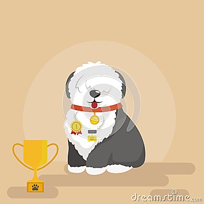 Illustration of sitting funny dog, Old English Sheepdog Vector Illustration