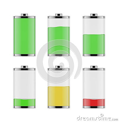 An illustration of the six batteries with different level of charge from low to full. Cartoon Illustration