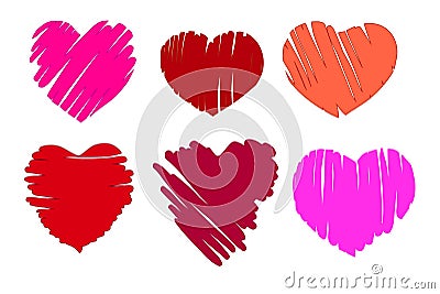Illustration of six different handwritten hearts Vector Illustration