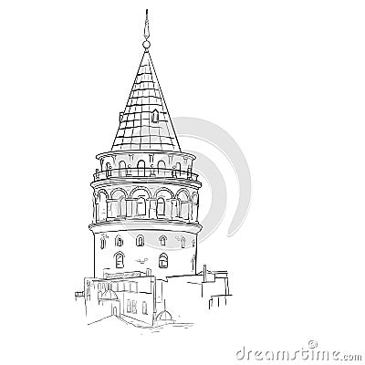 Illustration sketch with the silhouette of the Galata tower in Istanbul. Isolated black contour on a white background. Stock Photo