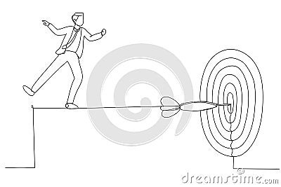 Illustration of skillful businessman acrobat walk on rope to reach bullseye dart target. Metaphor fro challenge to overcome Vector Illustration