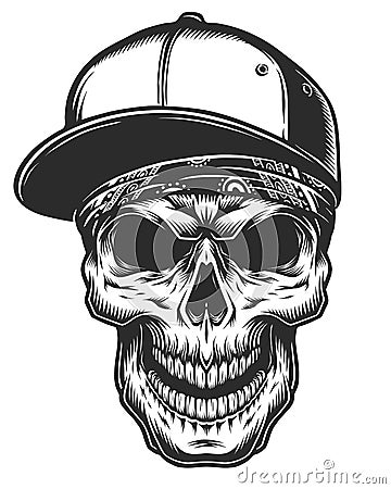 Illustration of skull in bandana and baseball cap Stock Photo