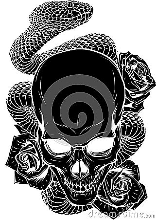 vector illustration of skull, roses and snake Vector Illustration