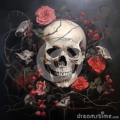 Illustration of skulls and roses and thorns. Stock Photo