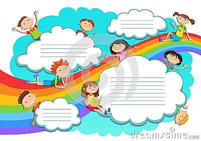 Illustration of the sky boys and girls playing on the rainbow and clouds Vector Illustration