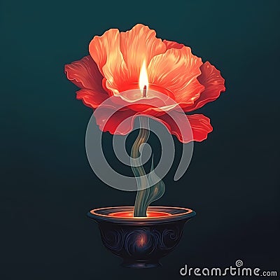 Illustration of a slower shaped candle lighting up a small space, clean packground design, detaile flower Stock Photo