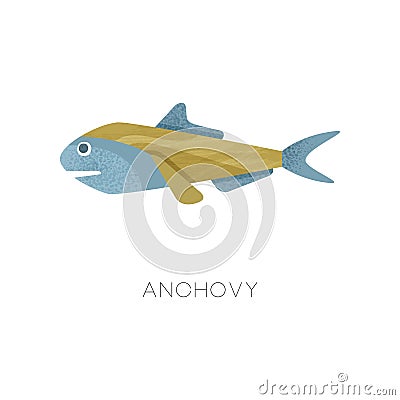 Illustration of small anchovy. Sea fish. Marine creature. Ocean life theme. Flat vector icon with texture Vector Illustration