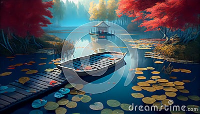 An Illustration of small boat at the dock in a misty autumn morning typical Japanese style garden , AI-generated image Stock Photo