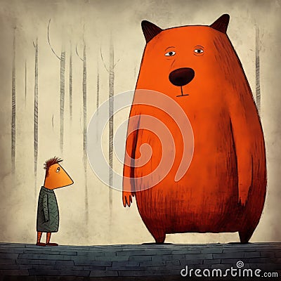 Illustration Of Small Boy And Big Bear In Dan Matutina Style Cartoon Illustration