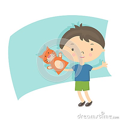Illustration small boy with hand puppet . Vector Vector Illustration