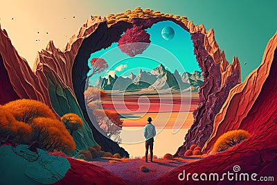 Illustration of small human in big colorful worl. Generative AI Stock Photo