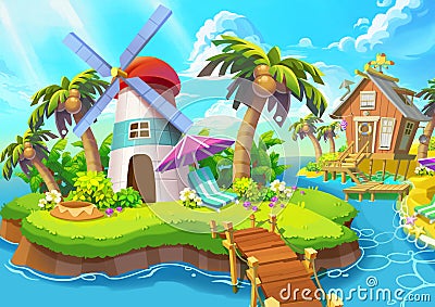 Illustration: Small Lighthouse. Lighthouse, Sunshine, Wind, Islands, Sea, Bridge. Stock Photo