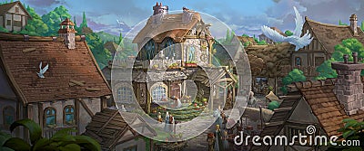 An illustration of the small medieval fantasy garden house in a town. Cartoon Illustration