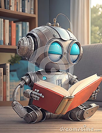 Illustration of Artificial Intelligence small cute robot, training skills and reading books Stock Photo