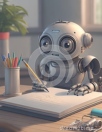 Illustration of Artificial Intelligence small cute robot, training skills working on chores Stock Photo