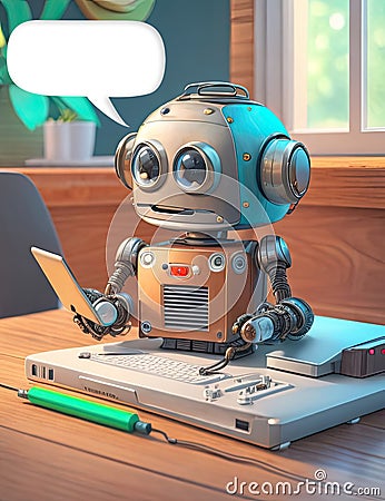 Illustration of Artificial Intelligence small cute robot, training skills working on chores Stock Photo