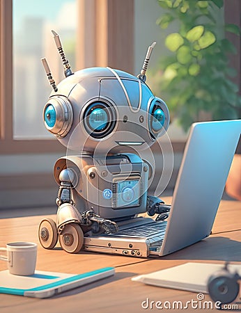 Illustration of Artificial Intelligence small cute robot, training skills working on chores on a laptop computer Stock Photo