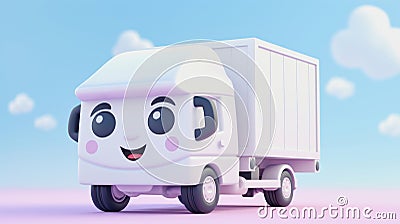 illustration of a small white 3d cartoon truck with a funny face Cartoon Illustration