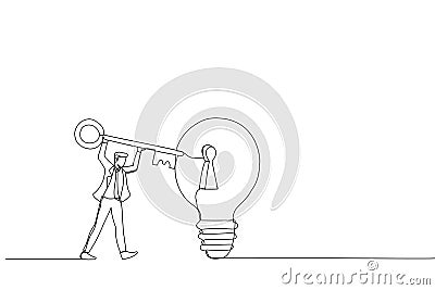 Illustration of smart businessman holding big key about to insert into key hold on lightbulb idea lamp. Metaphor for business idea Vector Illustration