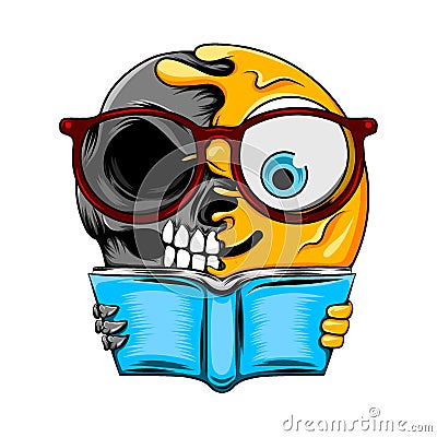 The smart emoticon with the glasses change to the dark skull holding the book Vector Illustration