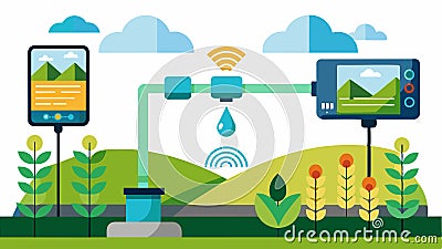 An illustration of a smart irrigation system powered by realtime soil moisture sensors automatically adjusting the water Vector Illustration